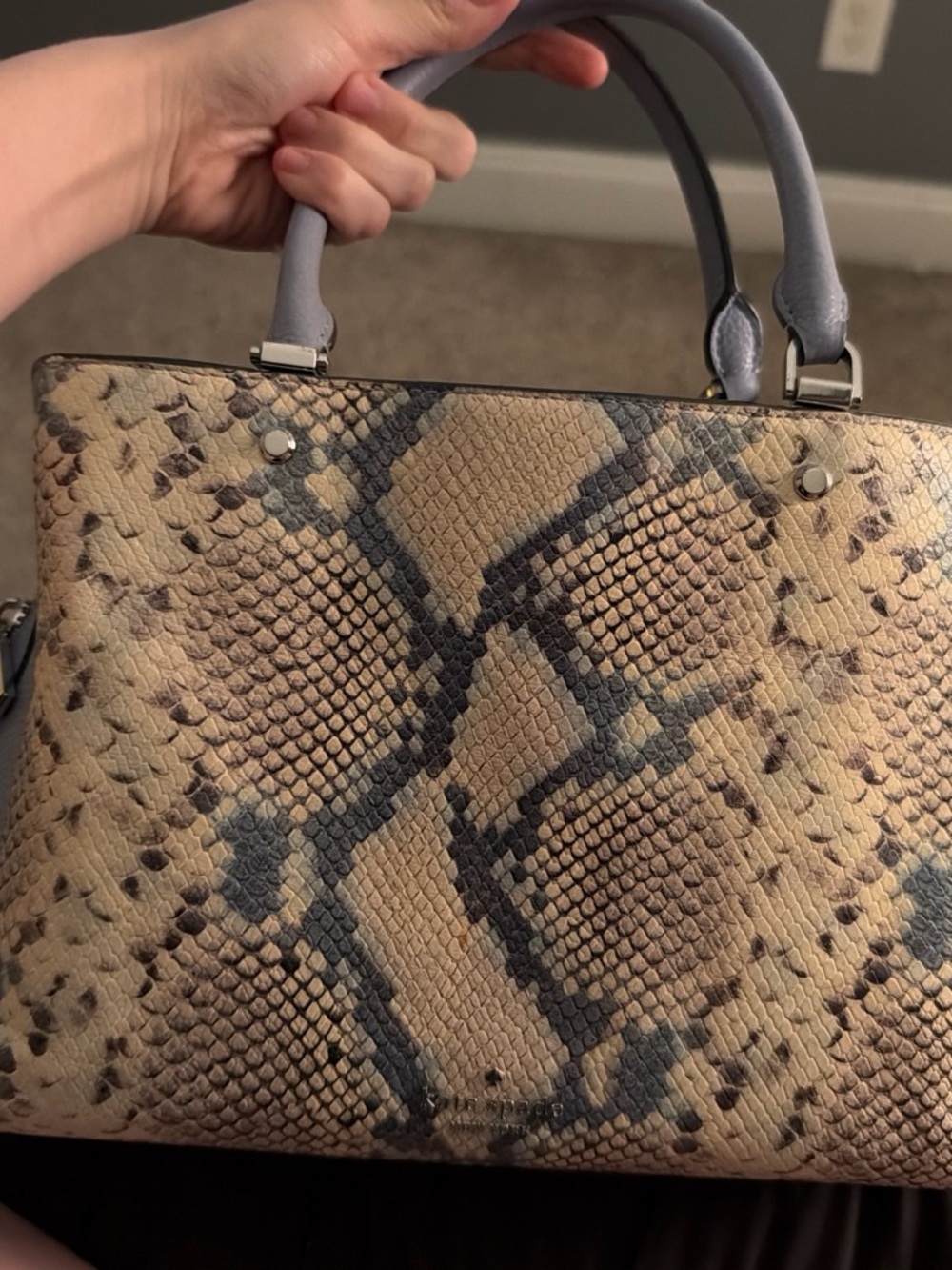 kate spade Neutral Snake-Print Top-Handle Satchel with Blue Handles